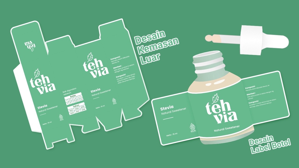 Desain Logo dan Kemasan Produk Teh Stevia Teh Via dengan Desain Label Botol