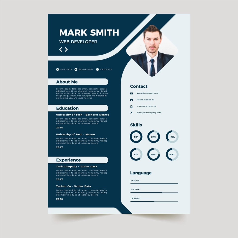 Desain CV unik dan menarik untuk portofolio web developer, jasa pembuatan resume profesional bahasa Inggris