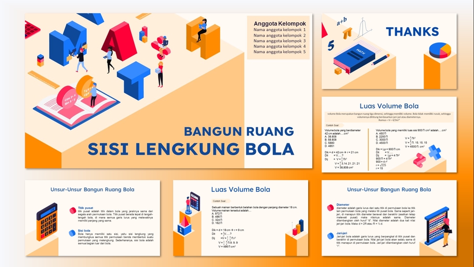 Jasa desain presentasi powerpoint, pembuatan slide presentasi, dan desain ppt untuk bangun ruang bola dengan rumus dan contoh perhitungan luas dan volume bola.
