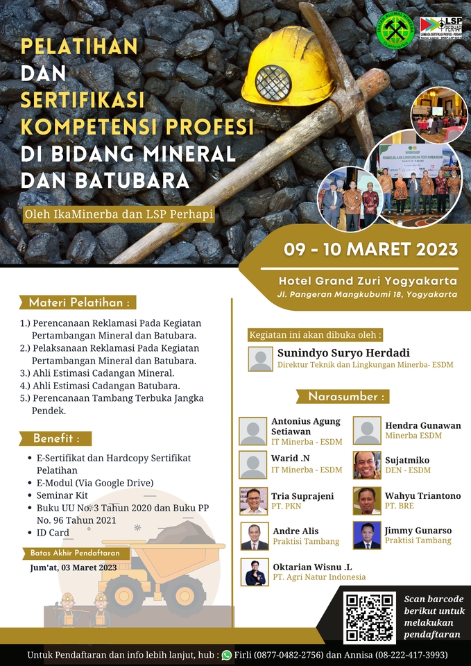 Jasa desain banner instagram pelatihan sertifikasi kompetensi profesi di bidang mineral dan batubara dengan desain yang menarik dan profesional, pelatihan dilakukan di Hotel Grand Zuri Yogyakarta, 09-10 Maret 2023, hubungi Firli (0877-0482-2756) dan Annisa (08-222-417-3993) untuk informasi lebih lanjut.