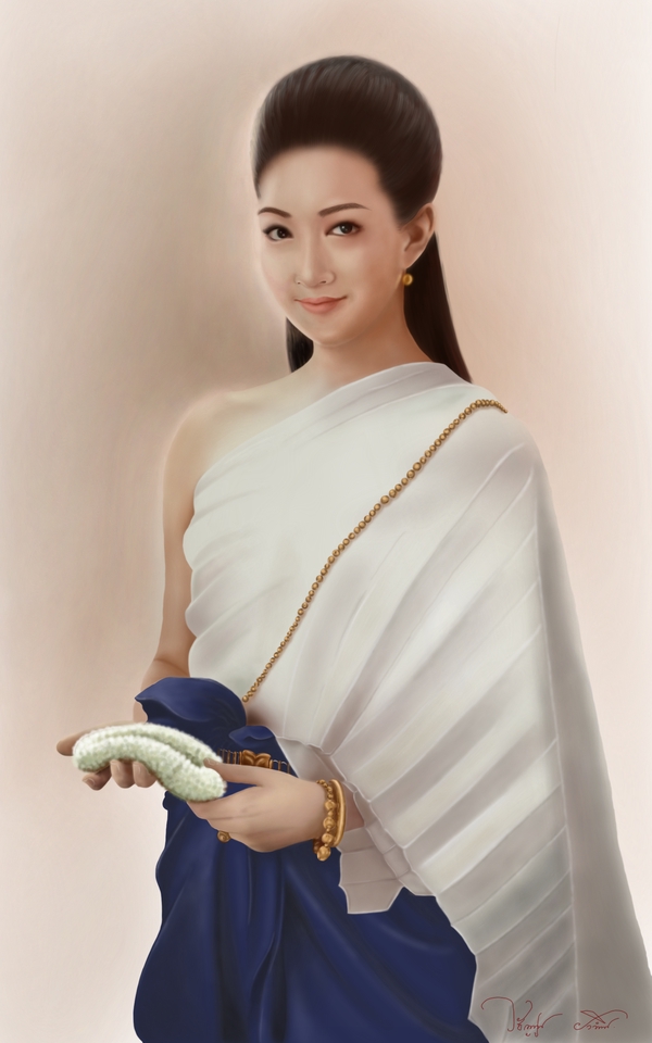 รับวาดภาพเหมือน สีน้ำ ผู้หญิงสวย แต่งชุดไทย