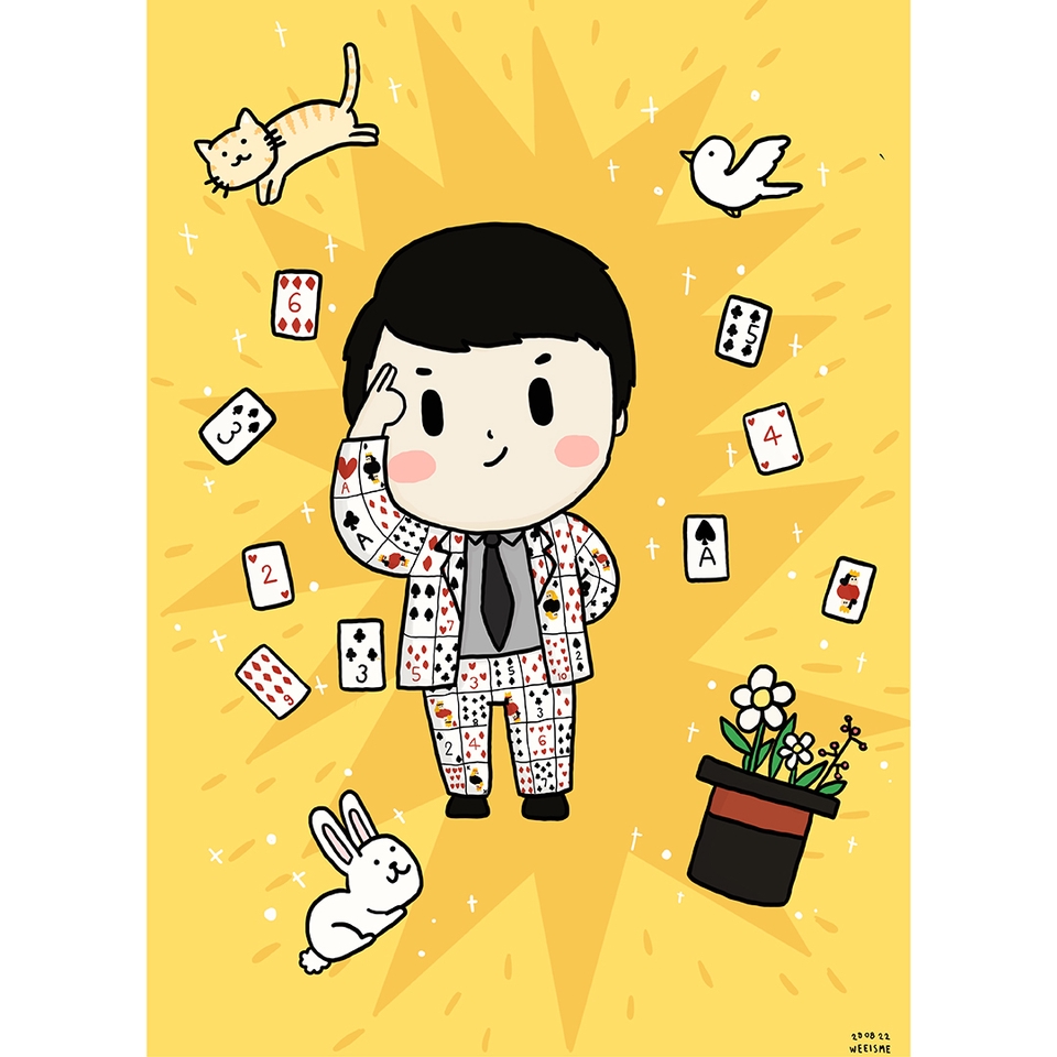 วาดแฟนอาร์ตการ์ตูน: ภาพวาดสไตล์แฟนอาร์ตของนักมายากลน่ารัก ชุดสูทลายไพ่ พร้อมสัตว์ต่างๆ เช่น แมว กระต่าย และนก วาดรูปแฟนอาร์ต ภาพวาดการ์ตูนน่ารัก รับวาดภาพ fanart สั่งวาดภาพการ์ตูน รับวาดรูป