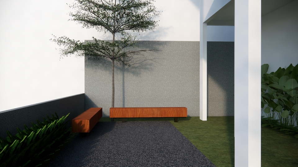 Jasa desain eksterior 3d untuk rumah minimalis dengan taman dan teras kayu.