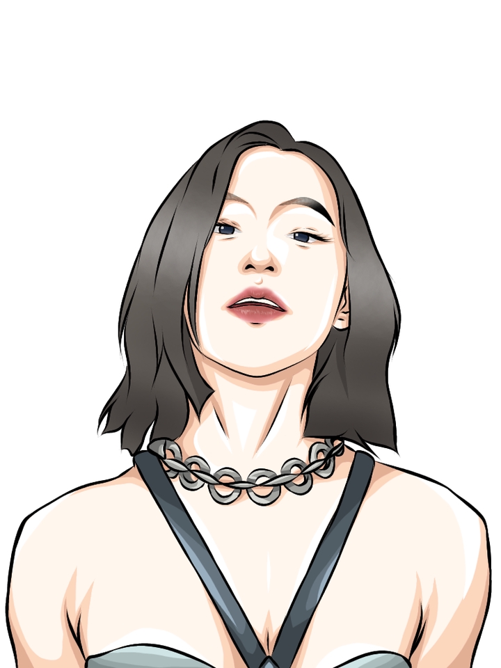Ilustrasi wanita berambut hitam dengan kalung dan gaun hitam, jasa ilustrasi desain, desain karakter kartun, jasa desain ilustrasi, jasa pembuatan ilustrasi.