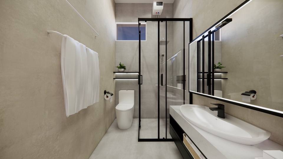 Jasa desain interior kamar mandi minimalis dengan shower dan wastafel modern.