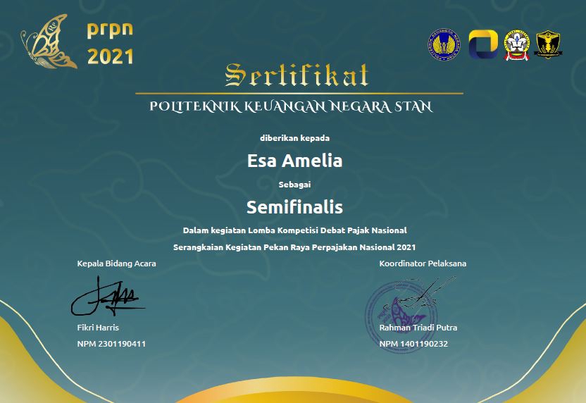 Sertifikat Semifinalis Lomba Debat Pajak Nasional 2021, diberikan kepada Esa Amelia, oleh Politeknik Keuangan Negara STAN.