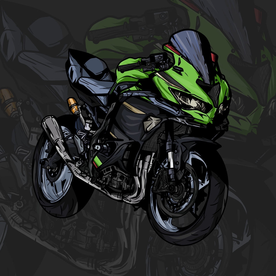 Jasa ilustrasi motor sport Kawasaki hijau untuk desain grafis, ilustrasi digital, gambar vektor, dan gambar kartun.