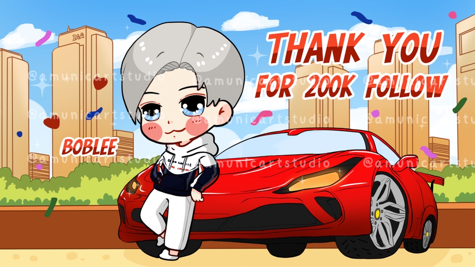 รับวาดภาพดิจิตอลเพ้นท์ ภาพวาดสไตล์การ์ตูนน่ารัก ขอบคุณผู้ติดตาม 200k พร้อมรถสปอร์ตสีแดงและตัวการ์ตูนชายหนุ่ม วาดภาพประกอบ วาดรูปการ์ตูน ออกแบบตัวการ์ตูน ภาพวาดดิจิทัล รับวาดรูป