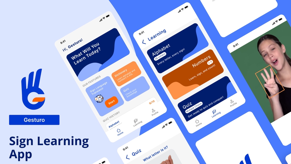 Desain aplikasi belajar bahasa isyarat untuk Android dan iOS dengan antarmuka pengguna yang mudah dinavigasi dan intuitif.