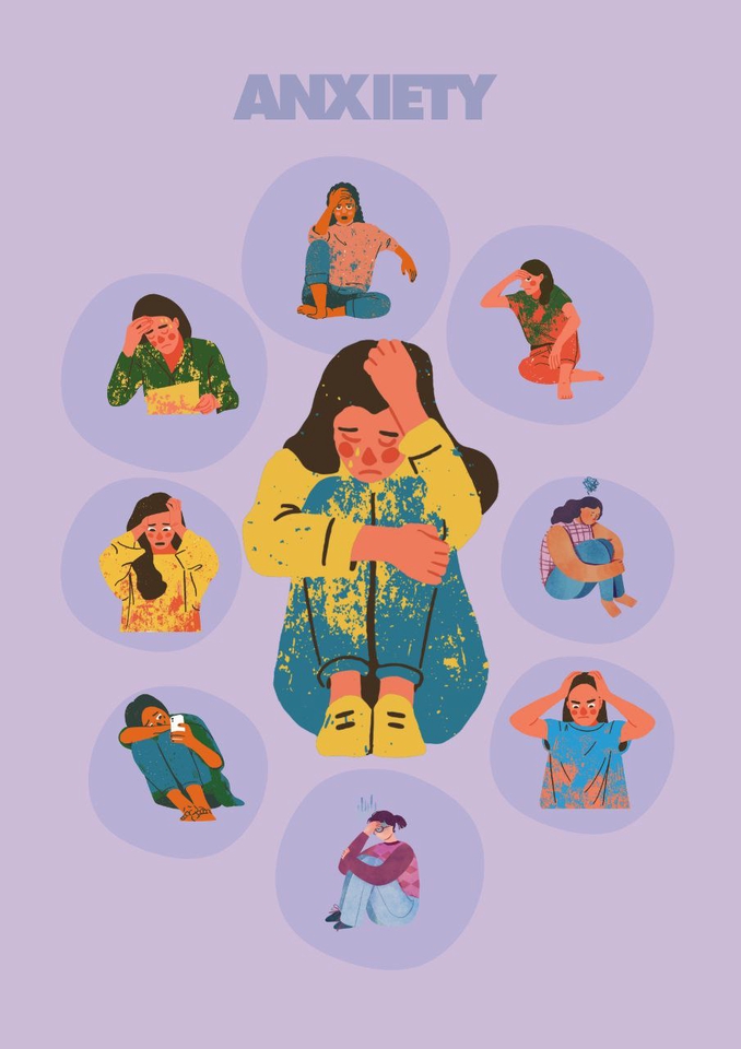 Ilustrasi berbagai karakter wanita yang sedang merasa cemas, cocok untuk desain poster atau media sosial mengenai kesehatan mental.