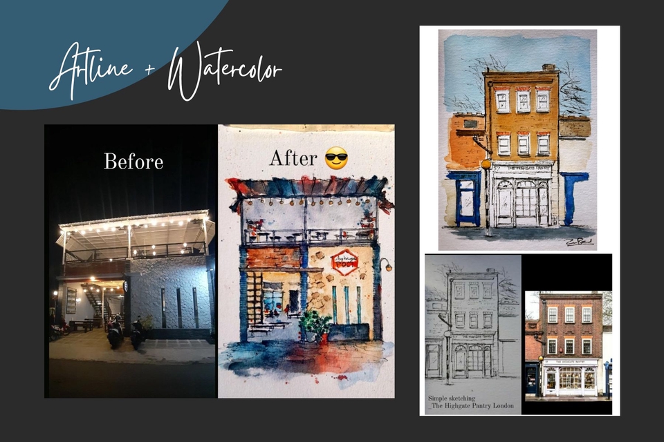 Jasa Ilustrasi: Contoh desain sebelum dan sesudah, gambar ilustrasi rumah bangunan, gambar sketsa arsitektur rumah bangunan, jasa ilustrator.