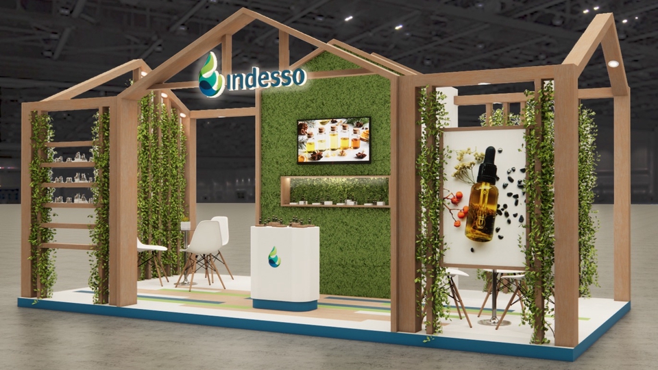 Desain booth pameran minimalis modern dengan desain interior cafe sederhana untuk bisnis Indesso.