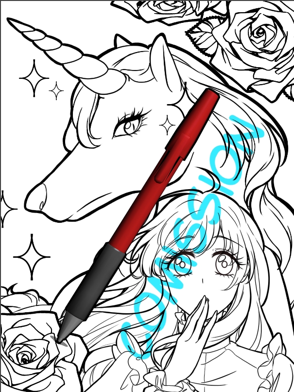 รับวาดภาพประกอบ ภาพวาดสีขาวดำ ของเด็กผู้หญิงและยูนิคอร์น