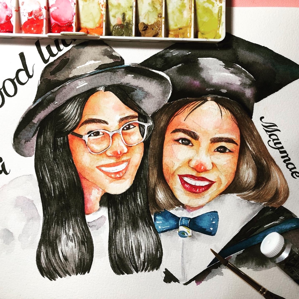 รับวาดภาพเหมือน พอร์ตเทรต สีน้ำ สองคนเพื่อนสนิท