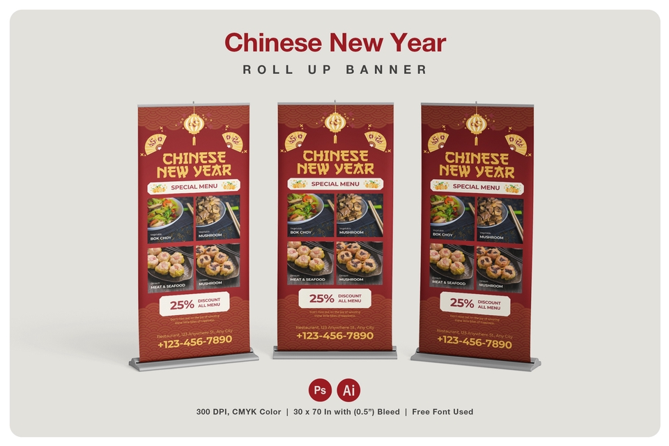 Desain spanduk Tahun Baru Imlek dengan desain unik dan kreatif untuk promosi usaha kuliner.