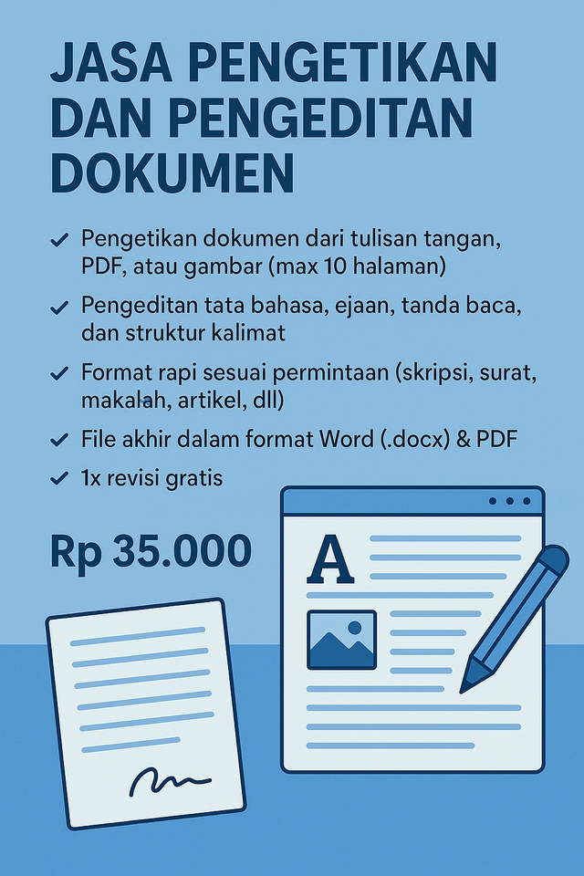 Jasa pengetikan dokumen online dan edit, harga Rp 35.000, ketik skripsi makalah tugas.