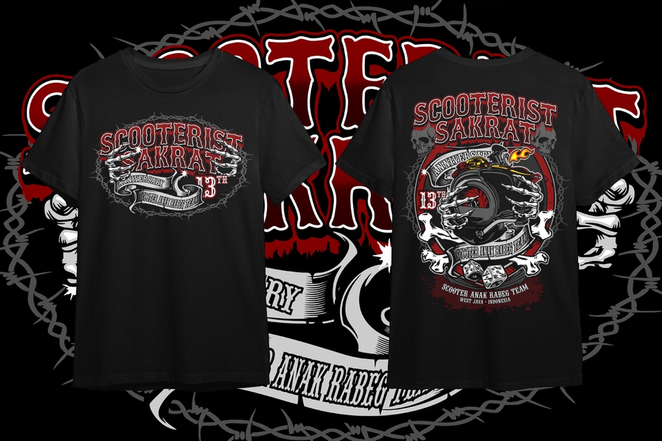 Desain kaos distro dengan gambar biker dan tulisan scooterist sakrat 13. Jasa desain kaos custom untuk distro.