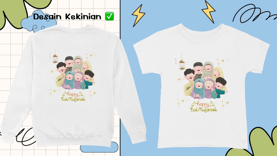 Desain kaos keluarga muslim dengan motif karakter kartun, cocok untuk baju lebaran