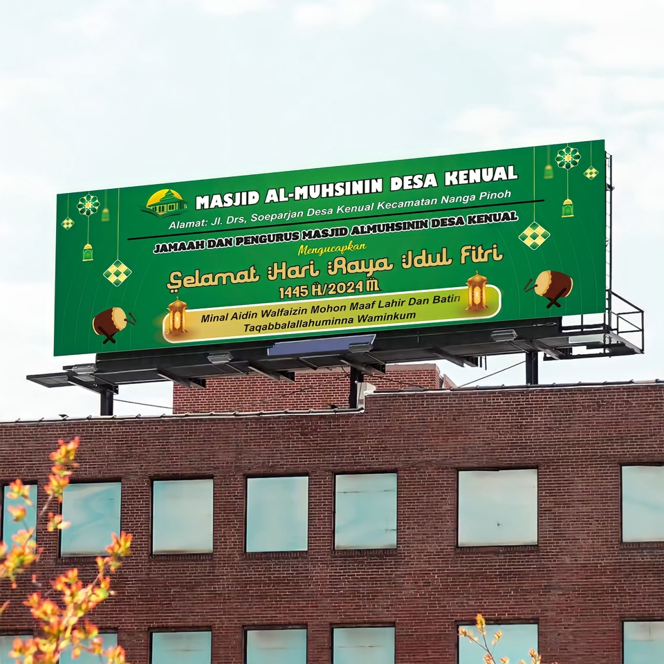 Jasa Desain Spanduk Masjid Al Muhsinin Desa Kenual untuk Hari Raya Idul Fitri 1445 H/2024 M