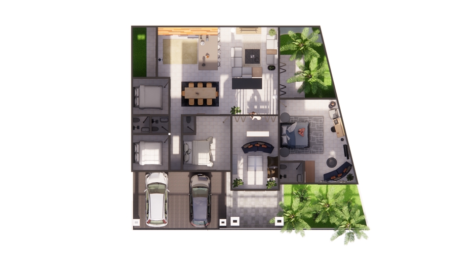 Jasa desain interior rumah minimalis modern 3D dengan denah lengkap dan detail ruangan.