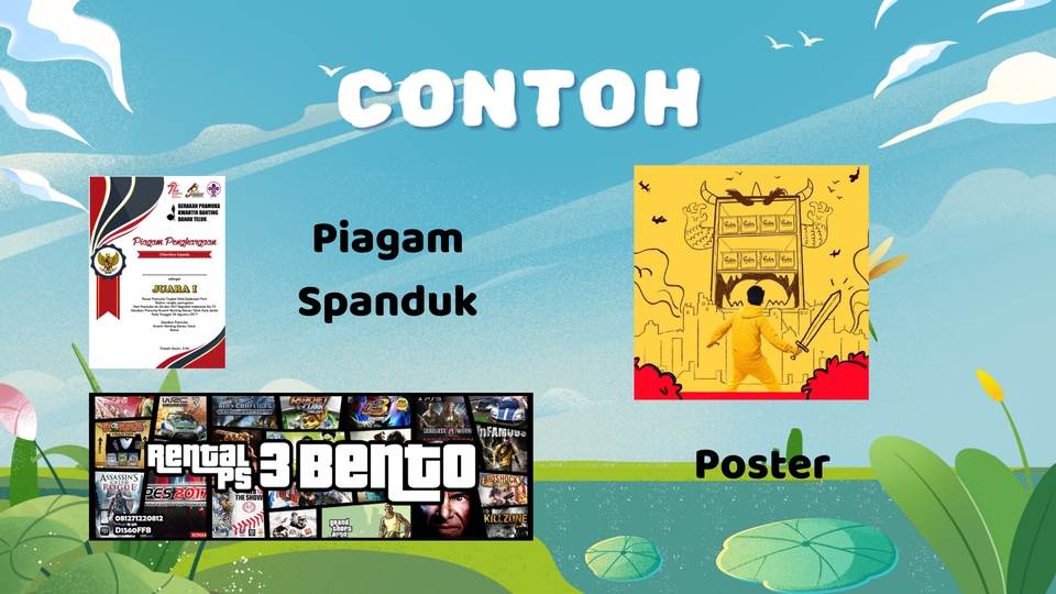 Jasa desain spanduk online, piagam penghargaan, dan poster; desain kreatif unik dan murah. Desain digital printing.