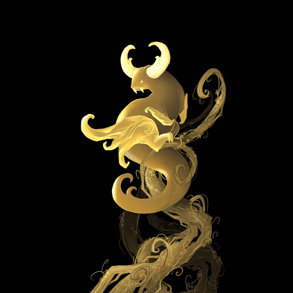 ออกแบบตัวละครเกม สร้างฉากเกม ตัวละครสัตว์เทพนิยายสีทองบนพื้นหลังสีดำ