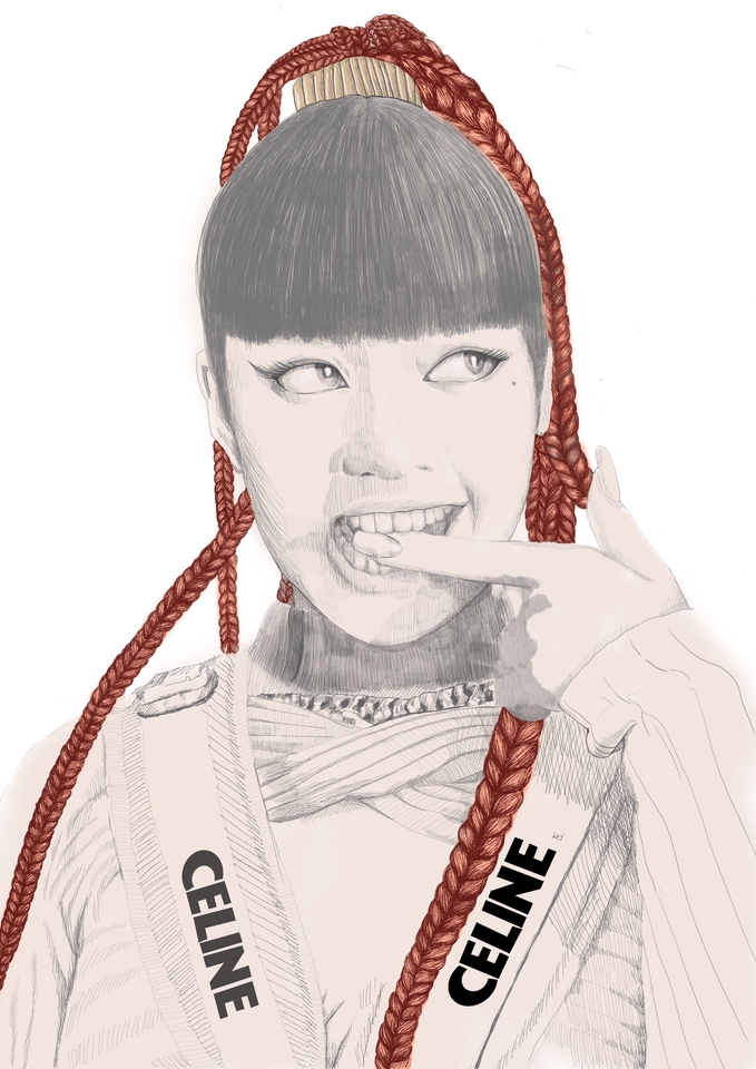 รับวาดรูป ดิจิตอล เพ้นท์ ภาพประกอบ ผู้หญิง ผมเปีย แดง ใส่เสื้อคลุม สีขาว เขียนคำว่า Celine
