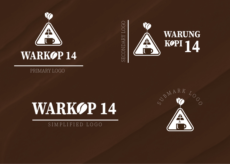 Desain logo WarKop 14, menampilkan logo utama, logo sederhana, logo submark, dan logo sekunder.