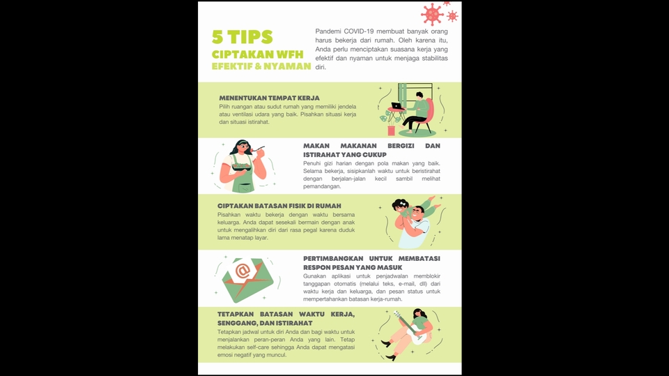 Infografis tentang tips untuk menciptakan tempat kerja WFH yang efektif dan nyaman, termasuk informasi tentang menentukan tempat kerja, pengaturan makan, kebersihan dan lain-lain.
