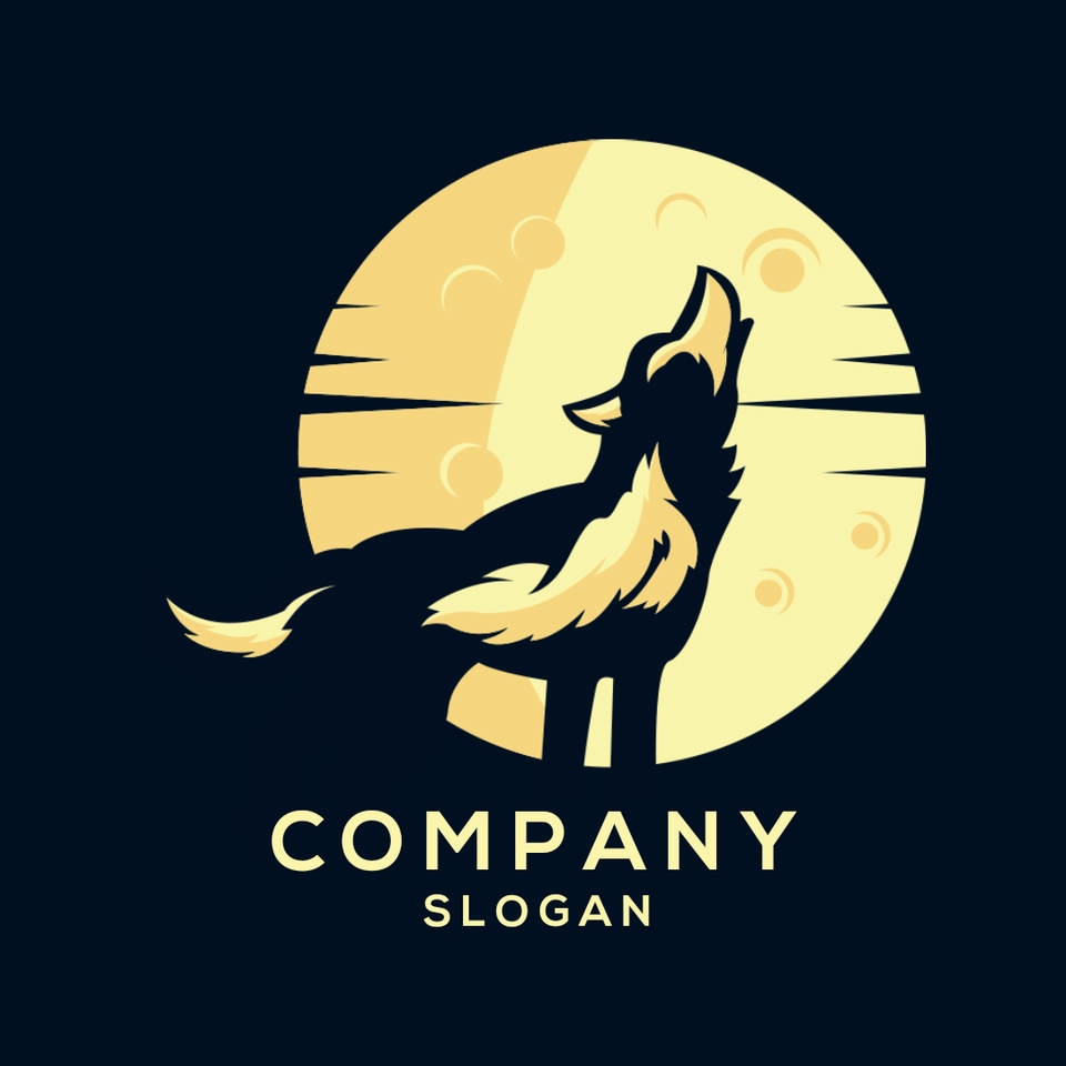 รับออกแบบโลโก้สไตล์มินิมอล โดยมีรูปหมาป่าหอนอยู่หน้าดวงจันทร์ เหมาะสำหรับใช้เป็นโลโก้บริษัท