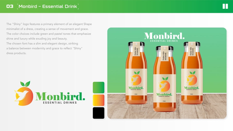 Jasa desain logo online untuk bisnis minuman dengan logo burung dan jeruk.