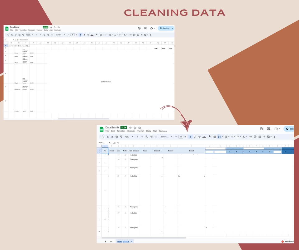Jasa input data excel: gambar menunjukkan contoh data yang tidak bersih diubah menjadi data yang rapi dan siap diolah.