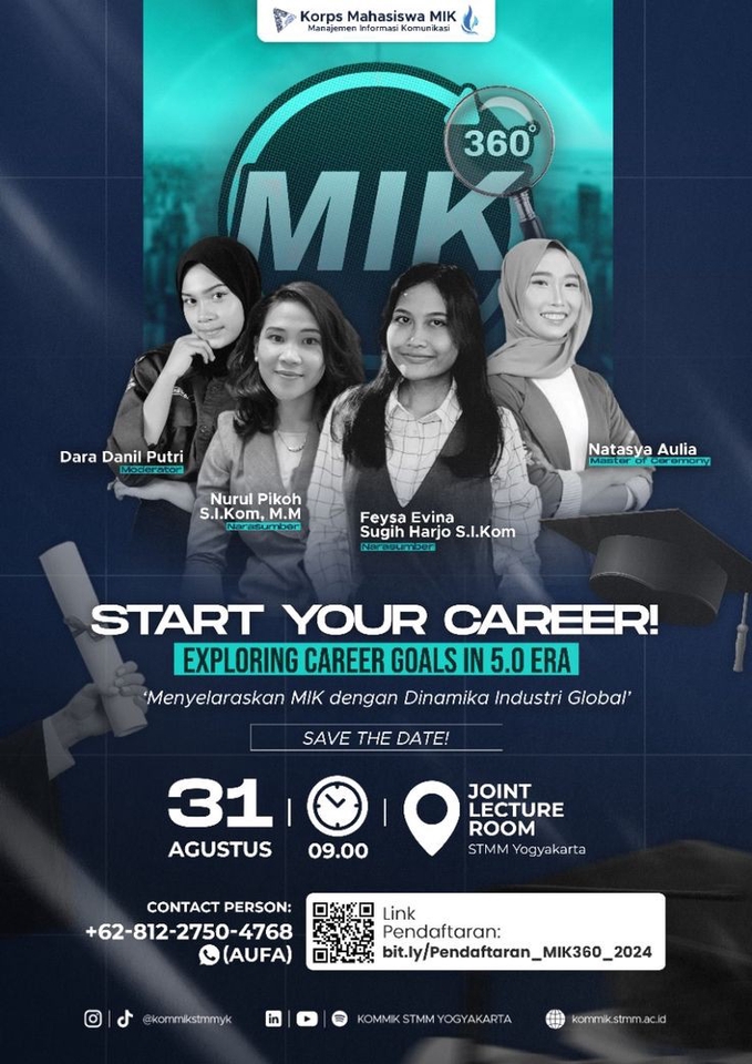 Jasa desain banner Instagram untuk promosi event "Start Your Career: Exploring Career Goals in 5.0 Era" di STMM Yogyakarta dengan tanggal 31 Agustus 2024.