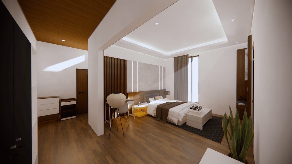 Desain interior kamar tidur minimalis dengan jendela besar dan tempat tidur putih. Jasa desain interior, desain rumah minimalis, desain kamar tidur.