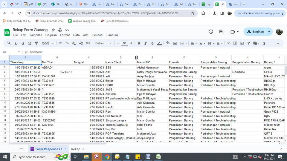 Jasa input data excel untuk mencatat rekap form gudang dengan format tanggal, nomor tiket, nama client, dan jenis layanan