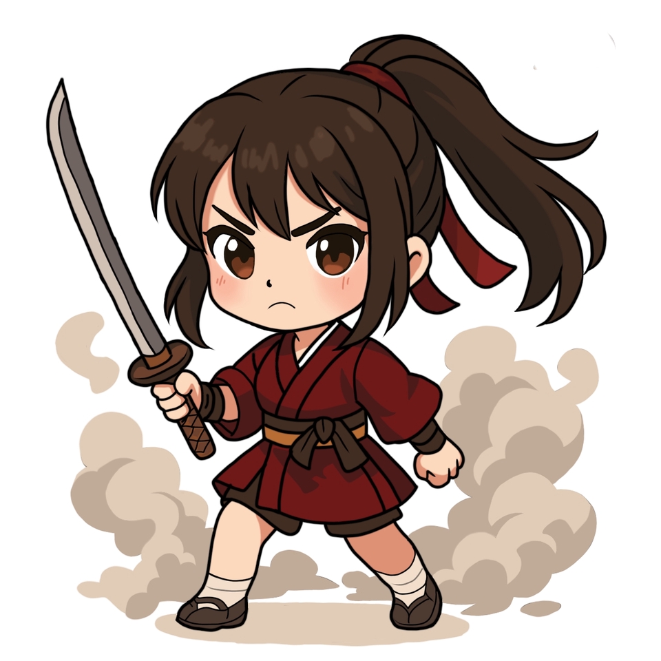 Jasa ilustrasi gambar kartun anime perempuan memegang pedang dengan latar belakang asap