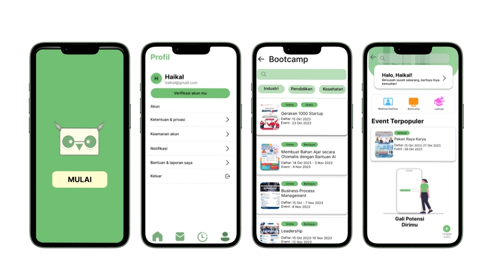 Contoh desain ui ux aplikasi mobile untuk platform freelance, menampilkan tampilan menu profile, bootcamp, dan event terpopuler.
