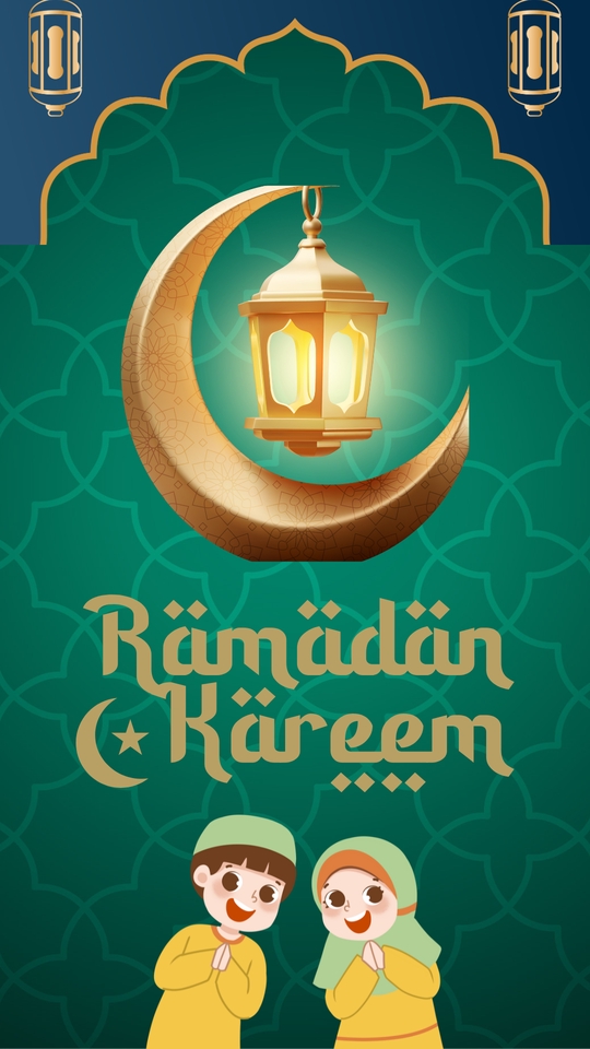 Desain banner instagram ramadhan kareem dengan gambar anak muslim dan lampu