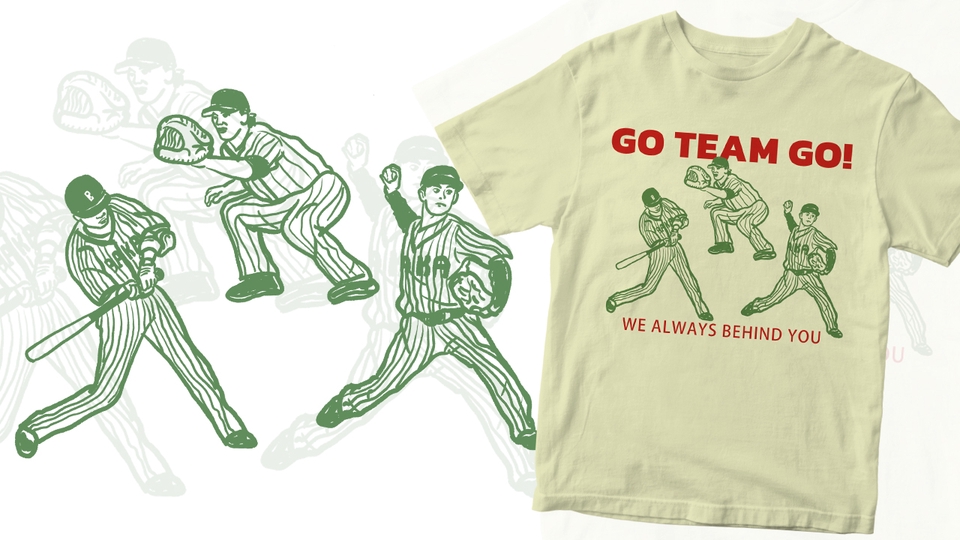 Desain kaos custom dengan tulisan Go Team Go! dan gambar pemain bola.