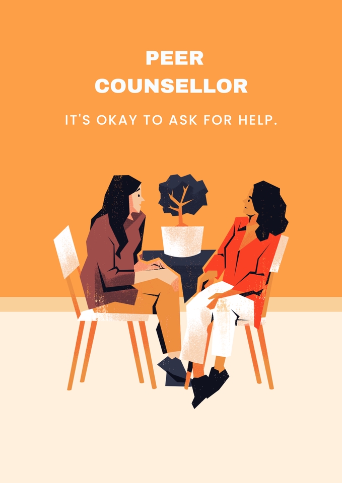 Dua wanita duduk di kursi saling berhadapan dengan latar belakang orange muda. Di tengah meja terdapat pot tanaman berwarna hijau. Gambar ini menjelaskan layanan jasa konsultasi psikologi online, membantu orang meningkatkan kualitas diri, konseling, dan masalah hubungan interpersonal.