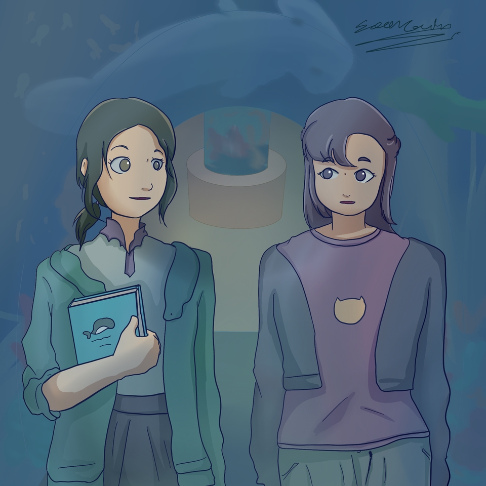 รับวาดภาพประกอบนิทาน เด็กหญิงสองคนกำลังเดินไปด้วยกัน ในพิพิธภัณฑ์สัตว์น้ำ 