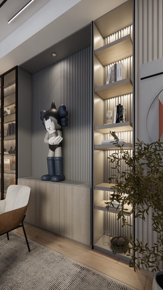 Desain interior ruang tamu modern minimalis dengan model rak dinding dan patung abstrak 3d