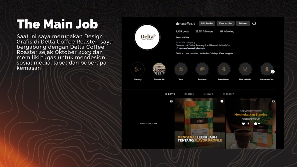 Jasa desain logo profesional untuk bisnis Delta Coffee Roaster, meliputi logo, label, dan media sosial.