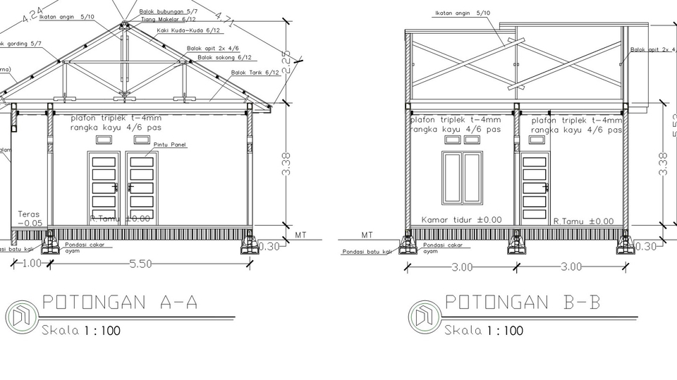 Jasa drafter arsitek freelance desain rumah denah potongan A-A dan B-B skala 1:100 menggunakan software autocad.