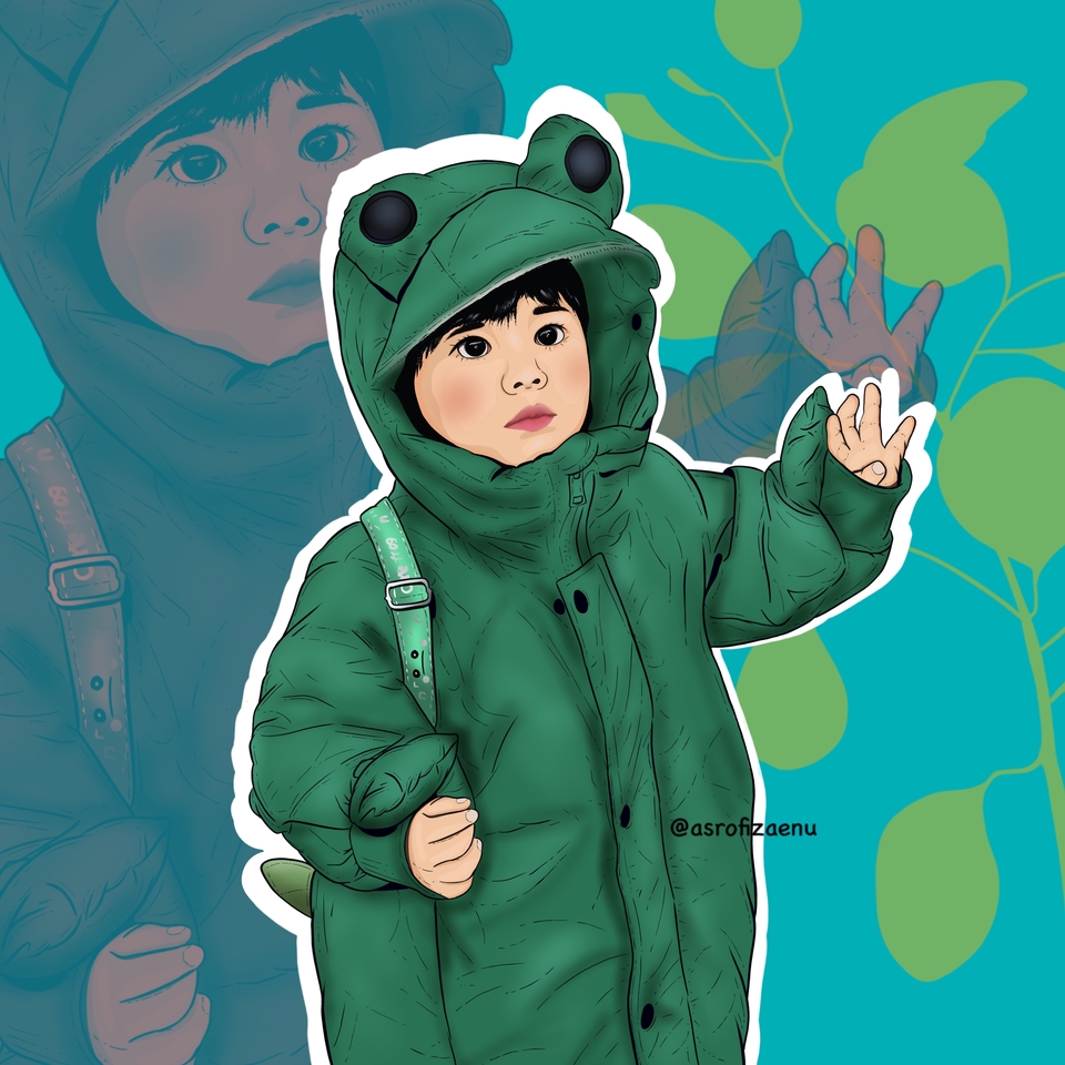 Jasa pembuatan karikatur wajah anak dengan desain vektor dan warna hijau.