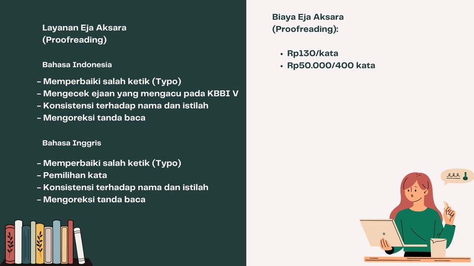Jasa proofreading bahasa Indonesia dan Inggris, cek grammar, editing naskah, harga jasa proofreading skripsi dan tesis, layanan proofreading berkualitas.