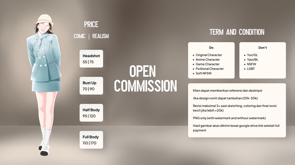 Jasa desain karakter kartun, anime, game, dan fantasi dengan harga mulai dari 55 ribu.