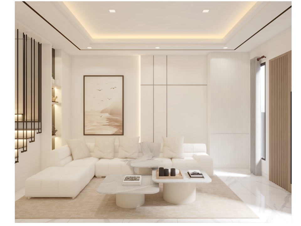 Desain interior ruang tamu minimalis dengan sofa putih dan meja kopi kayu