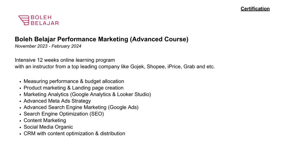Jasa Digital Marketing - Kursus Online Performance Marketing Lanjutan - Boleh Belajar - November 2023 - Februari 2024.