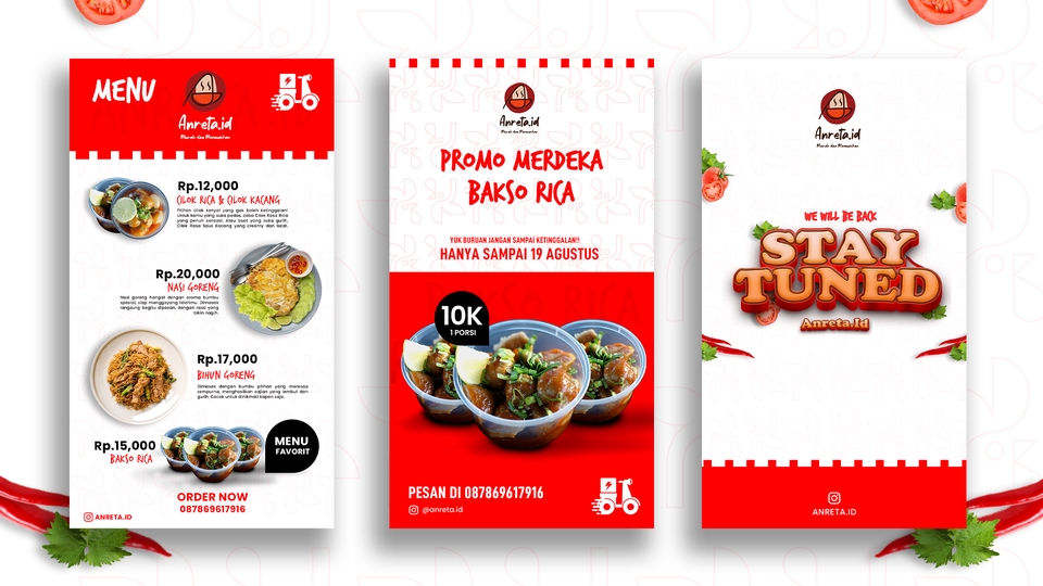 Jasa desain banner Instagram promo makanan bakso dengan tema kemerdekaan.